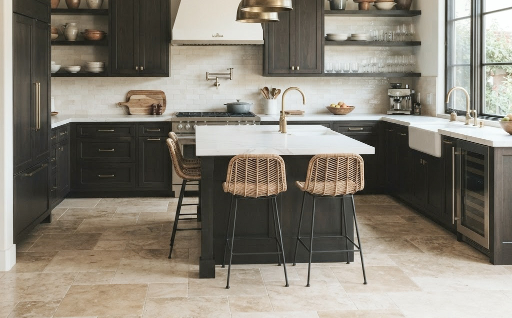 cuisine anthracite sol travertin